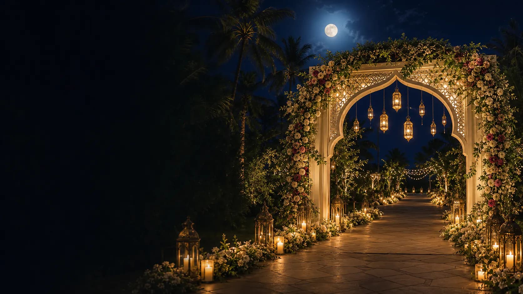 Moonlit wedding arrival garden